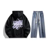 Комплект одежды (Черный свитшот + Темно-синие джинсы с эффектом вымытого)