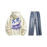 Комплект одежды (Абрикосовый свитшот + Темно-синие джинсы с эффектом вымытого)