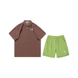 Верблюжий цвет, рубашка с коротким рукавом + неоновый зеленый, шорты