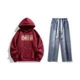 Комплект одежды (Бордовая толстовка + Темно-синие джинсы с эффектом вымытого)