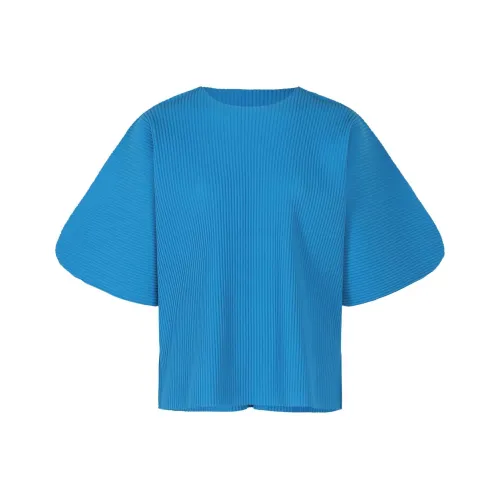 ISSEY MIYAKE Однотонный Плиссированный Круглый вырез Пуловер Короткий рукав Т-рубашка Женская Синяя