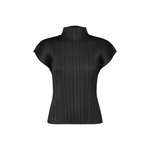 PLEATS PLEASE ISSEY MIYAKE Однотонный Воротник-стойка Пуловер Короткий Рукав Т Рубашка Женская Черная