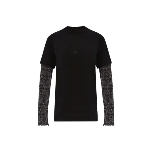 GIVENCHY Однотонный Круглый вырез Mock Два предмета Пэчворк Длинный рукав Т-рубашка Женская Черная