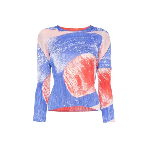 PLEATS PLEASE ISSEY MIYAKE Backlight Круглый вырез С принтом Многоцветный Длинный рукав Рубашка Рубашка Женская Аква-синий