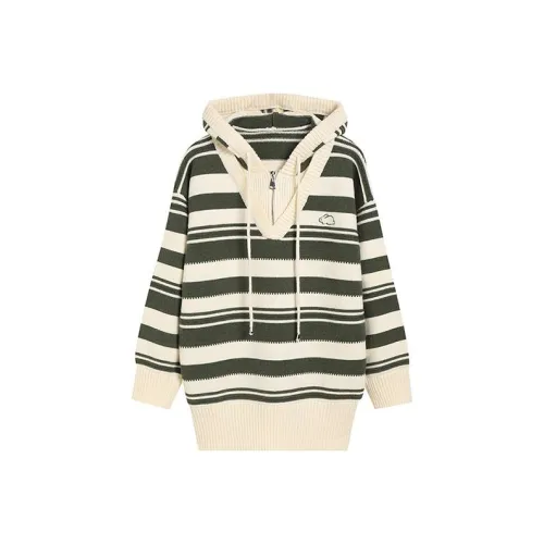 Ice cream and whale Зеленый С капюшоном Полосы Свитер Женские Свитеры