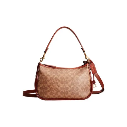 COACH Cary Покрытый холст с утонченной телячьей кожей сумка через плечо сумка большая женская коричневый и ржавый