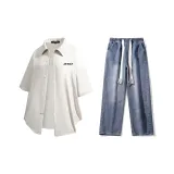 Комплект (Абрикосовая рубашка + Темно-синие джинсы)