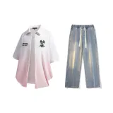 Set (White Pink Shirt + Vintage Blue Jeans)  
Комплект (Белая Розовая Рубашка + Винтажные Синие Джинсы)