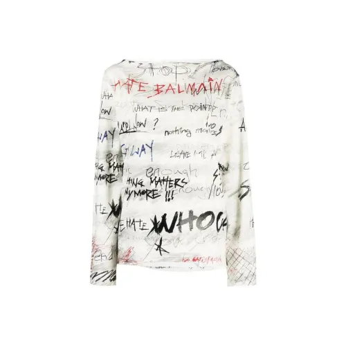 BALMAIN Штрих кисти Принт Длинный рукав Т-рубашка Женская Белая