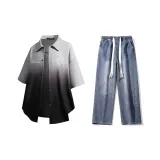 Комплект (Серый Черный Рубашка + Темно-Синие Джинсы)