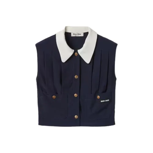 MIU MIU Плиссированный топ Marocain CROP TOP Женский Морской синий