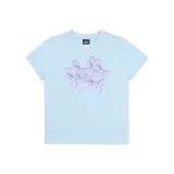 Светло-синий, фиолетовый, с принтом.