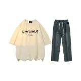 Комплект (абрикосовый топ+винтажные синие брюки)