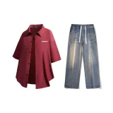 Set (Burgundy Shirt + Nostalgic Blue Jeans)  
Комплект (Бордовая рубашка + Ностальгические синие джинсы)