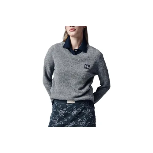 MARDI MERCREDI FW24 Енот Смешанный V-образный вырез Квадратный логотип Угольный свитер Женские Угольный серый