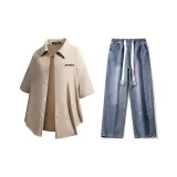 Комплект (Хаки рубашка + темно-синие джинсы)