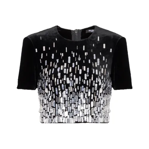 BALMAIN Украшенный Кроп Топ Т Рубашка Женская Черная