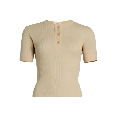 Patou Однотонный Круглый вырез BUTTONS Облегающий крой Короткий рукав Рубашка T Рубашка Женская Бежевая