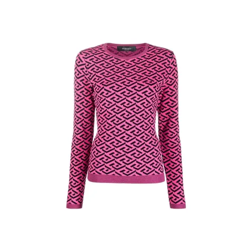 VERSACE С принтом Геометрический узор Жаккард Круглый вырез Облегающий крой Повседневный Длинный рукав Рубашка Женская Красная