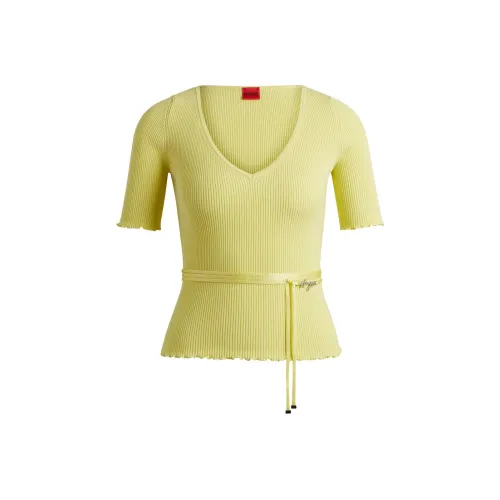 Hugo Boss Ribbed Knit Sweater с Branded Wrap Belt Women's Light Yellow