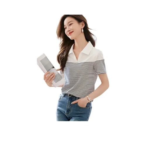 Mo Han Yi Mei T Рубашка Женская Темно-синий Белый Полосы