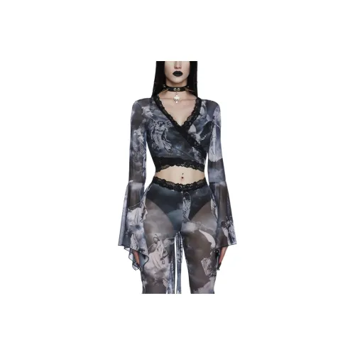 Dolls Kill Widow Revenant Faces Сетчатый Топ КРОП ТОП Женский Черный Черный