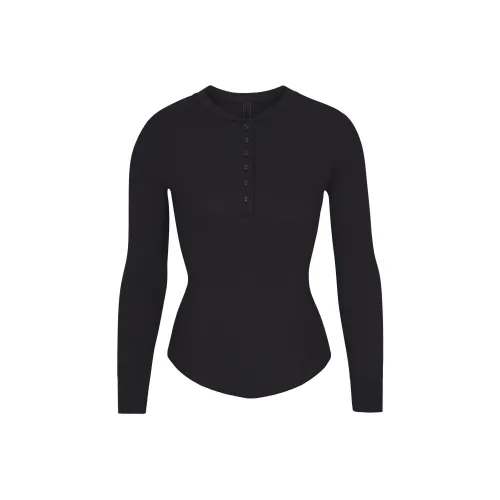 SKIMS Хлопок Ткань в рубчик Длинный рукав Henley Рубашка Женская SOOT Дымчатый Серый