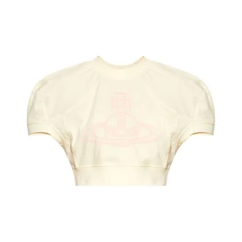 Vivienne Westwood Спина с принтом Буквы Круглый вырез Пуловер Укороченный Короткий рукав Т-рубашка Женская Бежевая