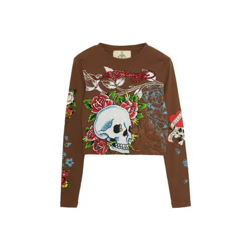 Ed Hardy SS22 Прямой крой Длинный рукав Т-рубашка Женская Коричневая