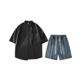 Чёрная рубашка + винтажные синие шорты