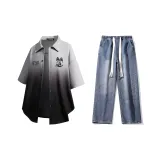 Комплект (Серый Черный Рубашка + Темно-Синие Джинсы)