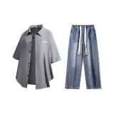 Комплект (Серая рубашка + Темно-синие джинсы)