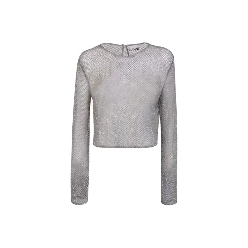 GANNI Украшенная Сетчатая Блоуза Рубашка Женская Серебряная