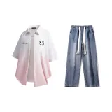 Set (White Pink Shirt + Dark Blue Jeans)  
Комплект (Белая Розовая Рубашка + Темно-Синие Джинсы)