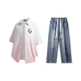 Set (White Pink Shirt + Dark Blue Jeans)  
Комплект (Белая Розовая Рубашка + Темно-Синие Джинсы)