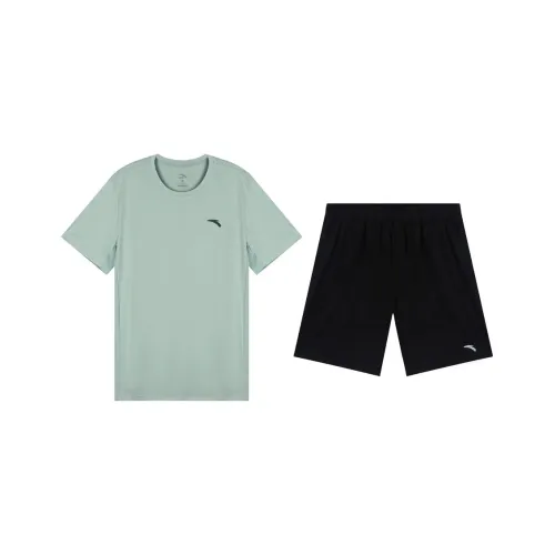 Anta Комплект Mist Серый Зеленый Короткий Рукав Рубашка + Черные Шорты Мужские Повседневные Спортивные Одежда