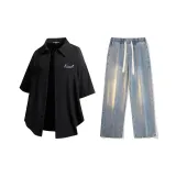 Комплект (Черная рубашка + винтажные синие джинсы)