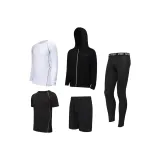 Комплект (Черная короткая футболка с коротким рукавом + Белая длинная футболка с длинным рукавом + Черная куртка + Черные шорты + Черные брюки)
