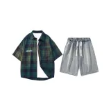 Set (Green Plaid Top + Blue Gray Pants)  
Комплект (Зеленый Клетчатый Топ + Синие Серые Штаны)