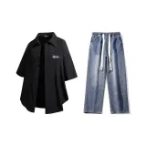 Комплект (Черная рубашка + Темно-синие джинсы)