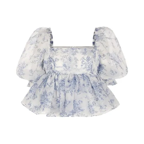 Selkie Коллекция SS23 Рукав буф T Рубашка Женская Белая Подкладочная ткань с Синим Ландышем Принт