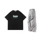 Чёрная короткая рукавная рубашка + светло-серые штаны