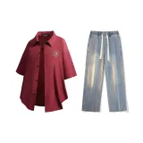 Set (Burgundy Shirt + Vintage Blue Jeans)  
Комплект (Бордовая рубашка + Винтажные синие джинсы)