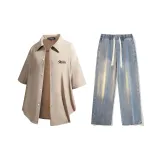 Set (Khaki Shirt + Vintage Blue Jeans)  
Комплект (Хаки Рубашка + Винтажные Синие Джинсы)