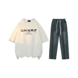 Комплект (белый топ+винтажные синие брюки)