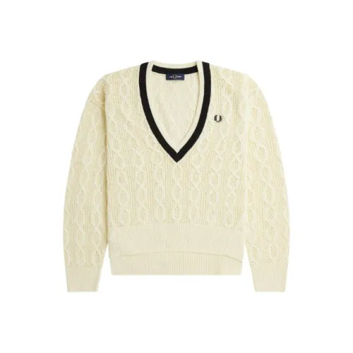 FRED PERRY Открыто Вязаный В-образный вырез Свитер Женский Светло-желтый