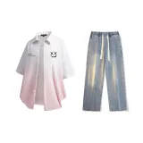 Set (White Pink Shirt + Vintage Blue Jeans)  
Комплект (Белая Розовая Рубашка + Винтажные Синие Джинсы)