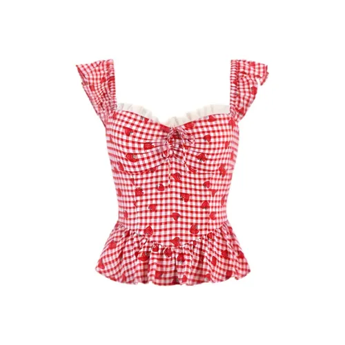 VKXOW Майка Женская Клубничный Красный Клетка