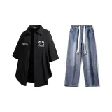 Комплект (Черная рубашка + Темно-синие джинсы)