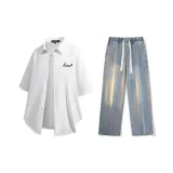 Комплект (Белая рубашка + винтажные синие джинсы)